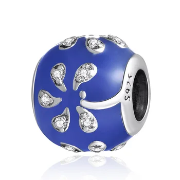 Аутентичное серебро 925 пробы, голубая эмаль, круглое дерево с хрустальными бусинами, подходящий браслет Для женщин, изготовление ювелирных изделий своими руками